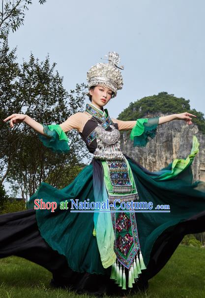 Traditional Chinese Miao Nationality Green Dress Guizhou Ethnic Folk Dance Stage Show Costume for Women