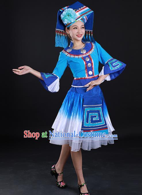 Traditional Chinese Zhuang Nationality Liu Sanjie Blue Dress Guangxi Ethnic Folk Dance Stage Show Costume for Women