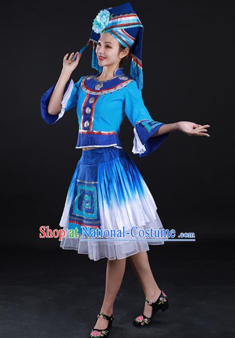 Traditional Chinese Zhuang Nationality Liu Sanjie Blue Dress Guangxi Ethnic Folk Dance Stage Show Costume for Women