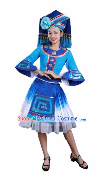 Traditional Chinese Zhuang Nationality Liu Sanjie Blue Dress Guangxi Ethnic Folk Dance Stage Show Costume for Women