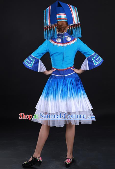 Traditional Chinese Zhuang Nationality Liu Sanjie Blue Dress Guangxi Ethnic Folk Dance Stage Show Costume for Women