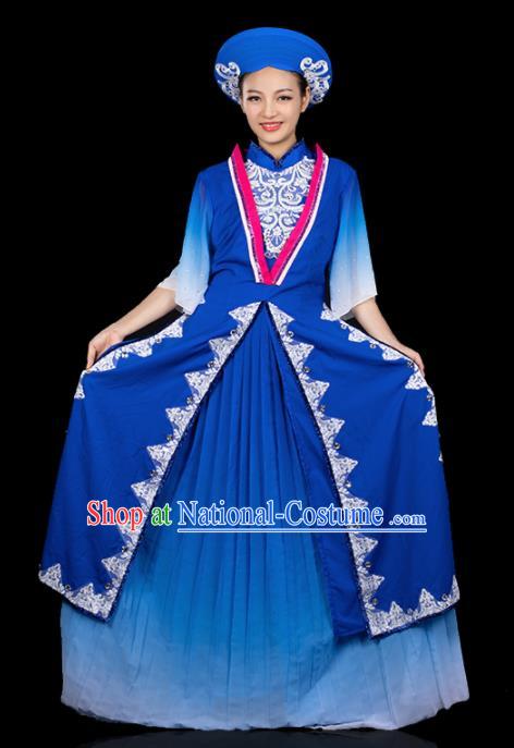 Traditional Chinese Jing Nationality Ha Festival Deep Blue Dress Ethnic Folk Dance Stage Show Costume for Women