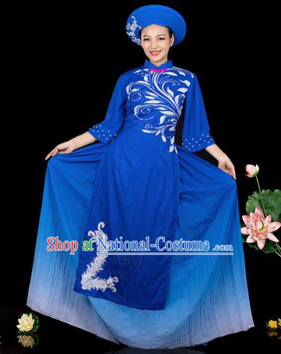 Traditional Chinese Jing Nationality Ha Festival Royalblue Dress Ethnic Folk Dance Stage Show Costume for Women