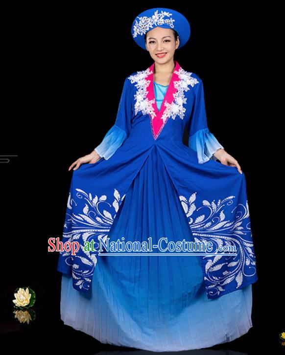 Traditional Chinese Jing Nationality Royalblue Dress Ethnic Ha Festival Folk Dance Stage Show Costume for Women