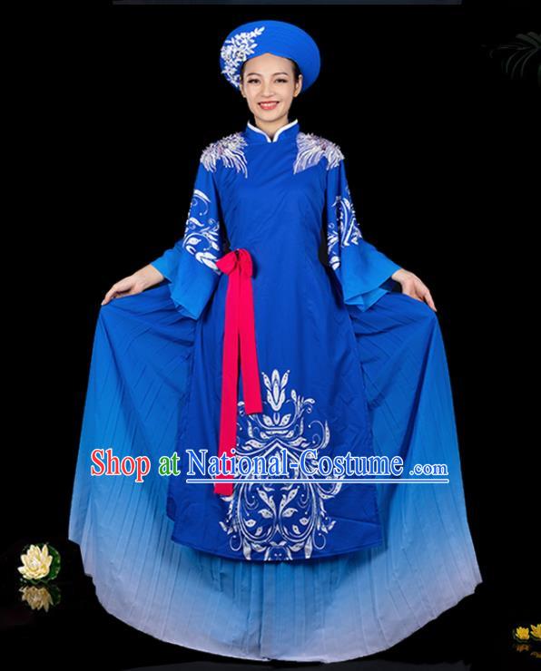 Traditional Chinese Jing Nationality Deep Blue Dress Ethnic Ha Festival Folk Dance Stage Show Costume for Women