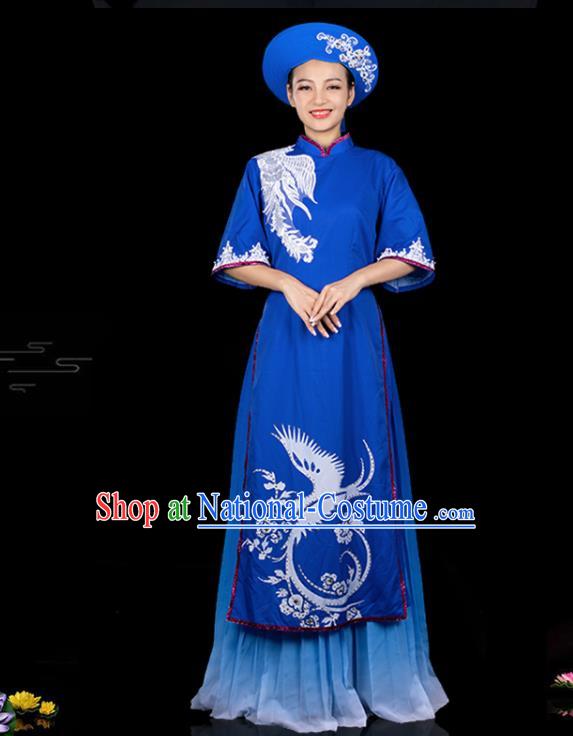 Traditional Chinese Jing Nationality Printing Blue Dress Ethnic Ha Festival Folk Dance Stage Show Costume for Women