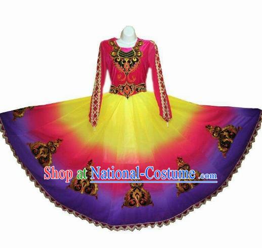 Traditional Chinese Xinjiang Uyghur Nationality Gradient Purple Dress Ethnic Folk Dance Stage Show Costume for Women