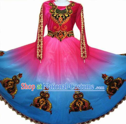 Traditional Chinese Xinjiang Uyghur Nationality Gradient Blue Dress Ethnic Folk Dance Stage Show Costume for Women