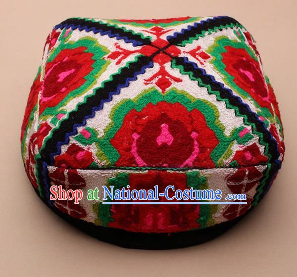 Chinese Traditional Uyghur Minority Embroidered Red Rose Hat Ethnic Nationality Folk Dance Stage Show Headwear for Women