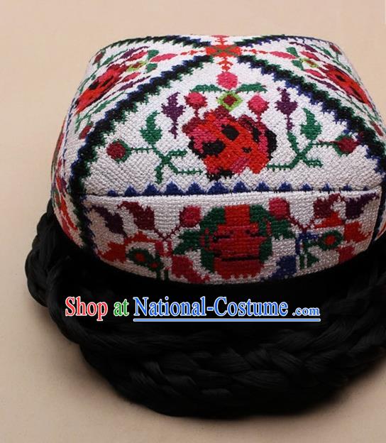 Chinese Traditional Uyghur Minority Embroidered Rose White Hat Ethnic Nationality Folk Dance Stage Show Headwear for Women