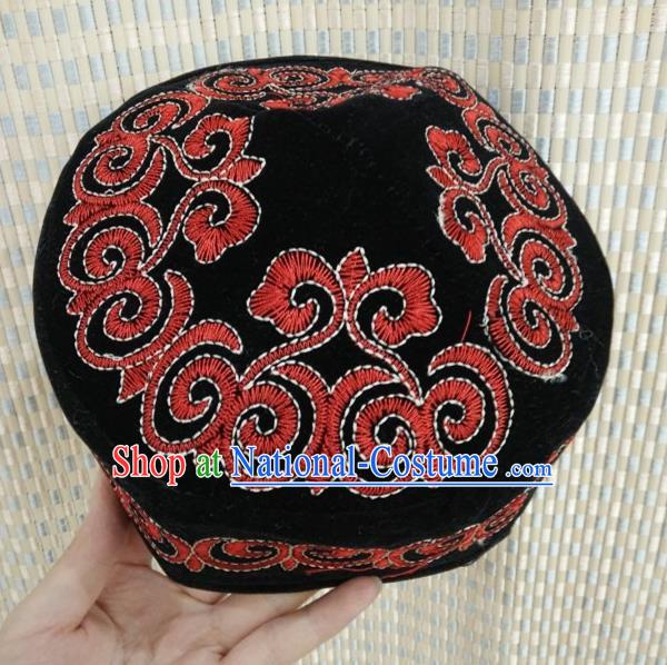 Chinese Traditional Kazak Minority Embroidered Black Hat Ethnic Xinjiang Stage Show Headwear for Men