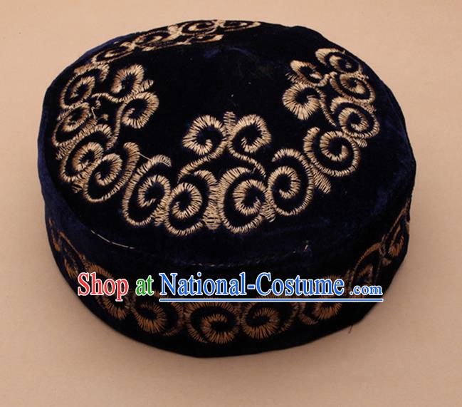 Chinese Traditional Kazak Minority Embroidered Navy Velvet Hat Ethnic Xinjiang Stage Show Headwear for Men