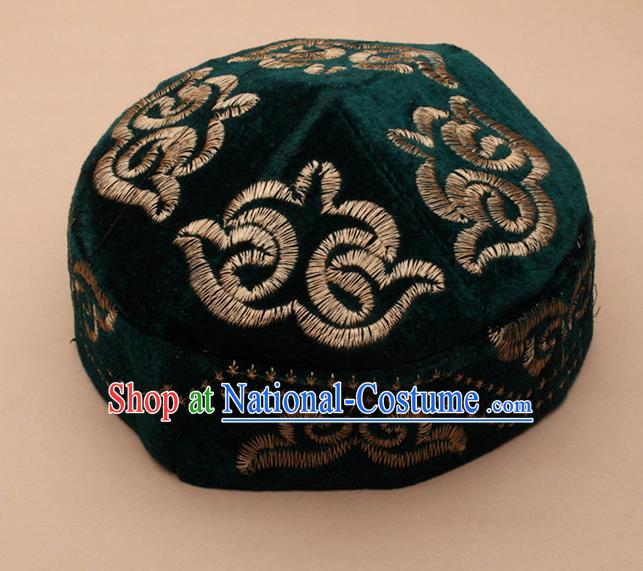 Chinese Traditional Kazak Minority Embroidered Deep Green Velvet Hat Ethnic Xinjiang Stage Show Headwear for Men