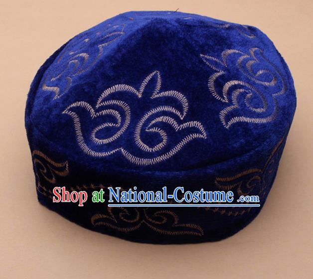 Chinese Traditional Kazak Minority Embroidered Royalblue Velvet Hat Ethnic Xinjiang Stage Show Headwear for Men