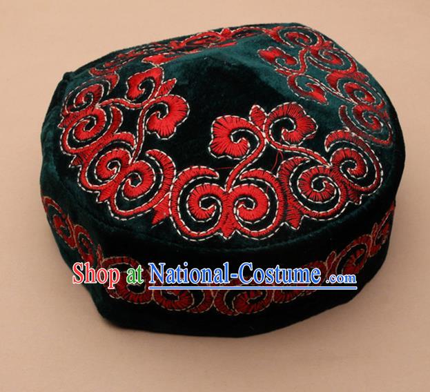 Chinese Traditional Kazak Minority Embroidered Atrovirens Velvet Hat Ethnic Xinjiang Stage Show Headwear for Men