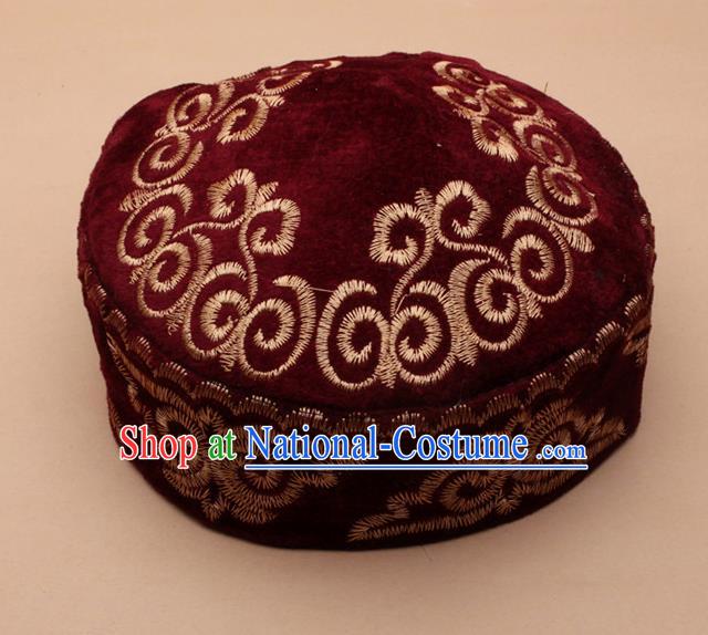 Chinese Traditional Kazak Minority Embroidered Wine Red Velvet Hat Ethnic Xinjiang Stage Show Headwear for Men