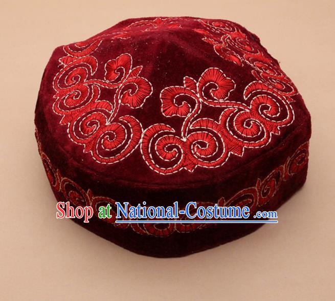 Chinese Traditional Kazak Minority Embroidered Red Velvet Hat Ethnic Xinjiang Stage Show Headwear for Men