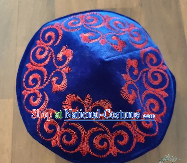 Chinese Traditional Kazak Minority Embroidered Deep Blue Velvet Hat Ethnic Xinjiang Stage Show Headwear for Men