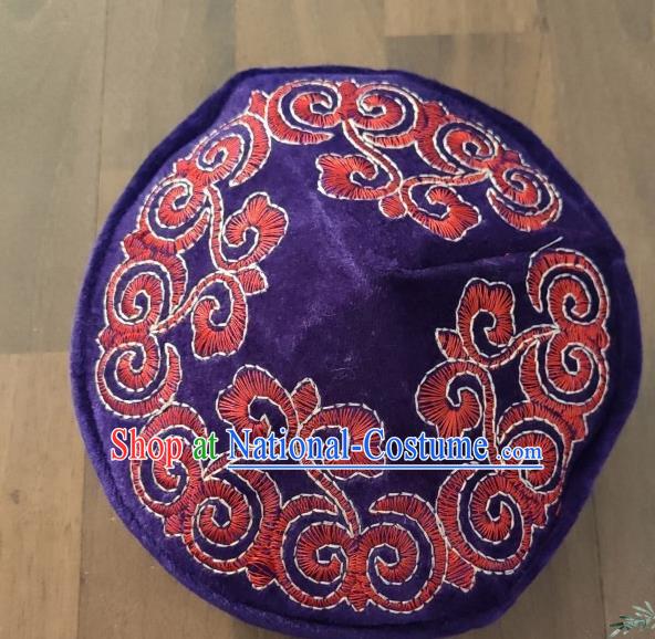 Chinese Traditional Kazak Minority Embroidered Purple Velvet Hat Ethnic Xinjiang Stage Show Headwear for Men