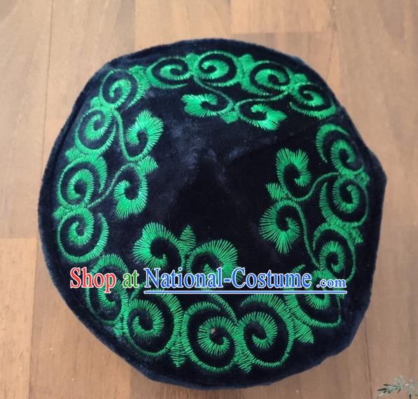 Chinese Traditional Kazak Minority Embroidered Black Velvet Hat Ethnic Xinjiang Stage Show Headwear for Men