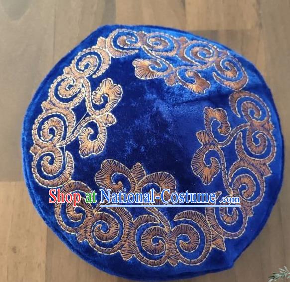 Chinese Traditional Kazak Minority Embroidered Royalblue Velvet Hat Ethnic Xinjiang Stage Show Headwear for Men