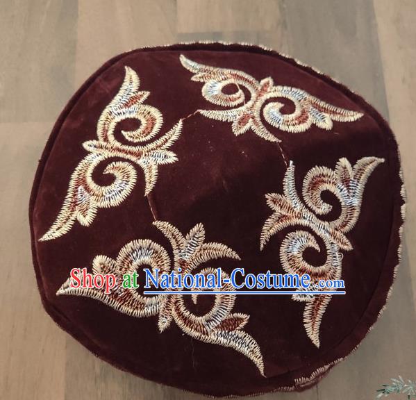 Chinese Traditional Kazak Minority Embroidered Dark Red Velvet Hat Ethnic Xinjiang Stage Show Headwear for Men