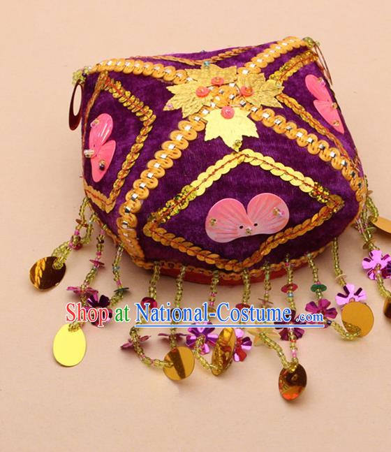 Chinese Traditional Uyghur Minority Embroidered Paillette Purple Hat Ethnic Nationality Folk Dance Stage Show Headwear for Women