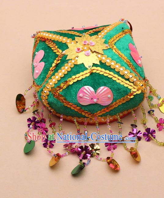 Chinese Traditional Uyghur Minority Handmade Paillette Green Hat Ethnic Nationality Folk Dance Stage Show Headwear for Women