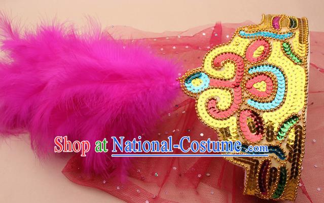 Handmade Chinese Traditional Uyghur Minority Rosy Feather Hat Ethnic Nationality Folk Dance Headwear for Women