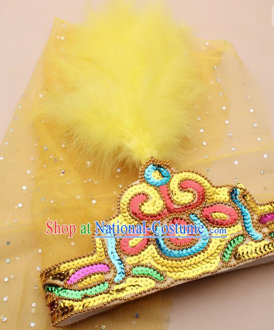 Handmade Chinese Traditional Uyghur Minority Yellow Feather Hat Ethnic Nationality Folk Dance Headwear for Women