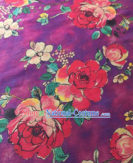 Asian Chinese Traditional Camellia Pattern Design Purple Gambiered Guangdong Gauze Fabric Silk Material