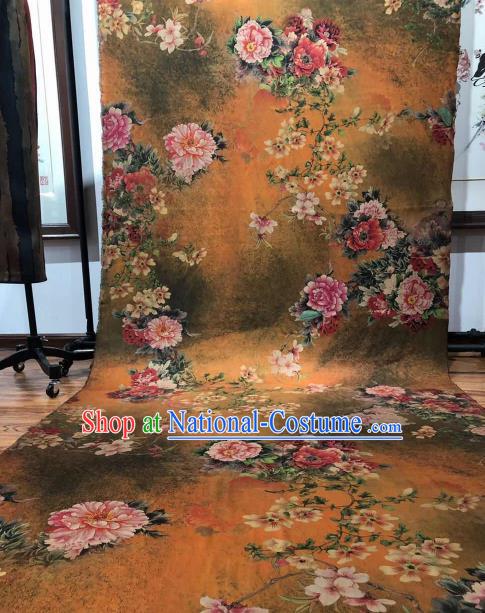 Asian Chinese Traditional Peony Pattern Design Ginger Gambiered Guangdong Gauze Fabric Silk Material