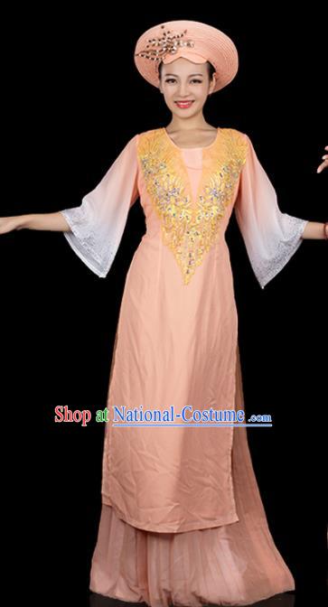 Traditional Chinese Jing Nationality Apricot Dress Ethnic Ha Festival Folk Dance Stage Show Costume for Women