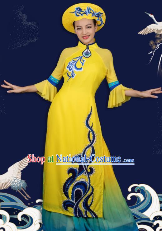 Traditional Chinese Jing Nationality Folk Dance Yellow Qipao Dress Ethnic Ha Festival Stage Show Costume for Women