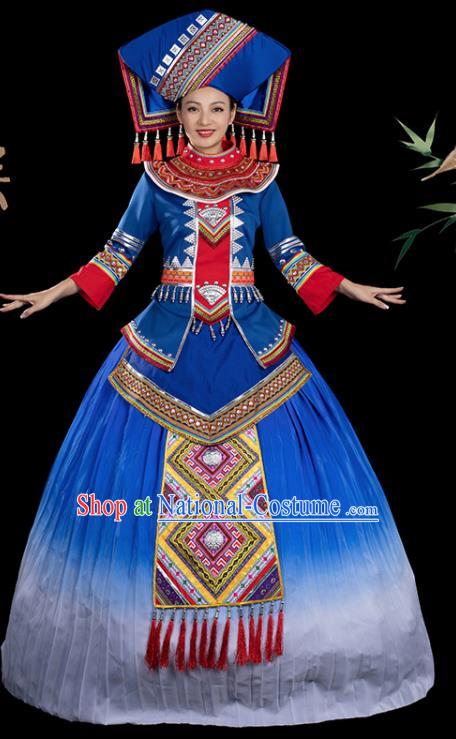 Traditional Chinese Zhuang Nationality Stage Show Blue Dress Ethnic Festival Folk Dance Costume for Women