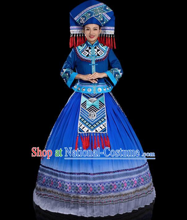 Traditional Chinese Zhuang Nationality Stage Show Deep Blue Dress Ethnic Festival Folk Dance Costume for Women