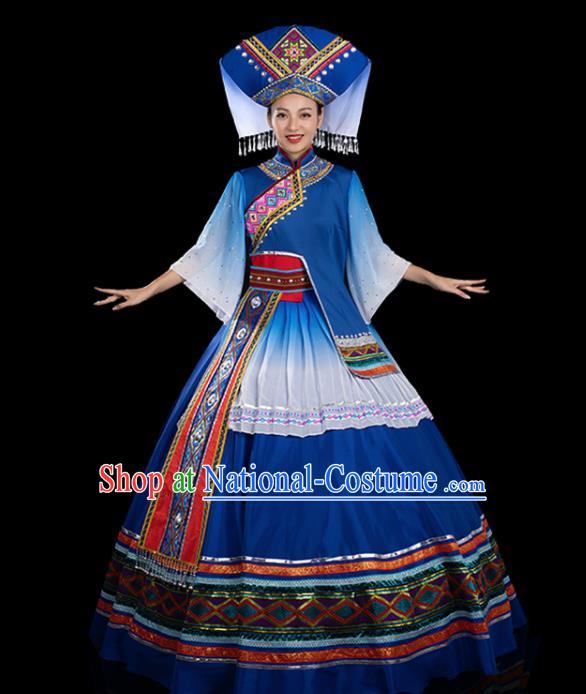 Traditional Chinese Zhuang Nationality Stage Show Navy Dress Ethnic Festival Folk Dance Costume for Women