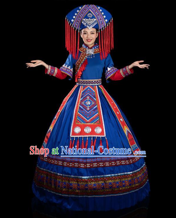 Traditional Chinese Zhuang Nationality Liu Sanjie Stage Show Blue Dress Ethnic Festival Folk Dance Costume for Women