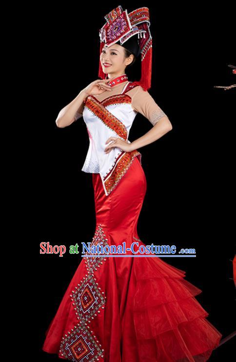 Traditional Chinese Zhuang Nationality Liu Sanjie Stage Show Red Dress Ethnic Festival Folk Dance Costume for Women