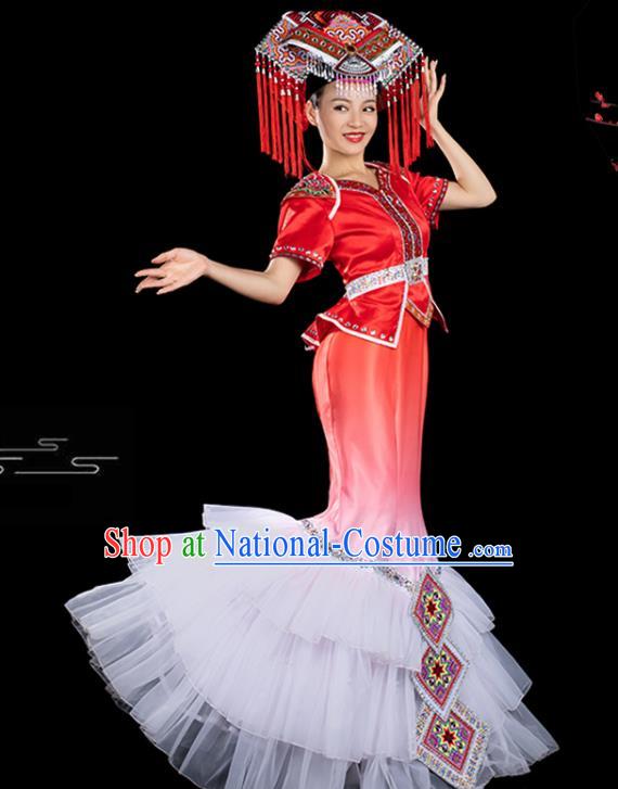 Traditional Chinese Zhuang Nationality Folk Dance Liu Sanjie Red Veil Dress Ethnic Stage Show Costume for Women