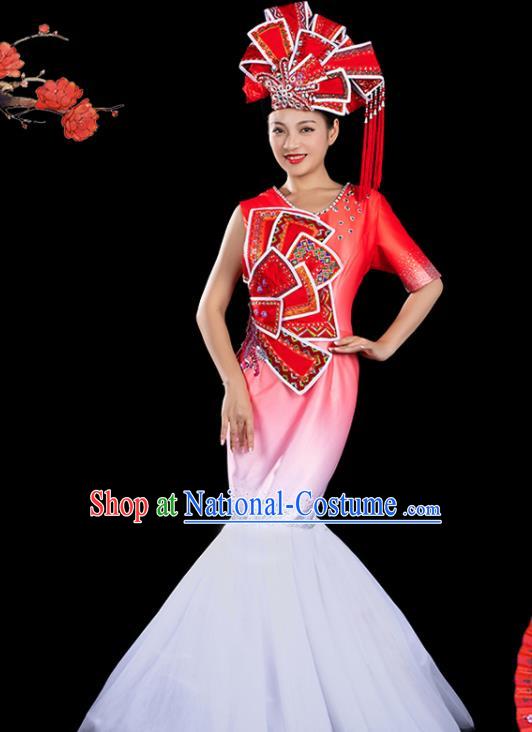 Traditional Chinese Zhuang Nationality Liu Sanjie Red Veil Dress Ethnic Folk Dance Stage Show Costume for Women