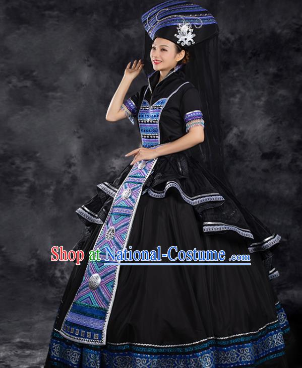 Traditional Chinese Zhuang Nationality Liu Sanjie Black Dress Ethnic Folk Dance Stage Show Costume for Women