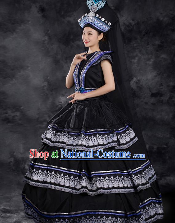 Chinese Traditional Zhuang Nationality Liu Sanjie Black Dress Ethnic Folk Dance Stage Show Costume for Women