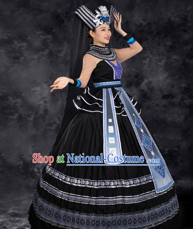 Chinese Traditional Zhuang Nationality Black Pleated Dress Ethnic Folk Dance Stage Show Liu Sanjie Costume for Women