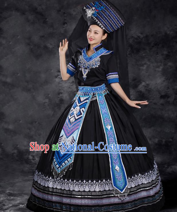 Chinese Traditional Zhuang Nationality Black Dress Ethnic Folk Dance Stage Show Liu Sanjie Costume for Women