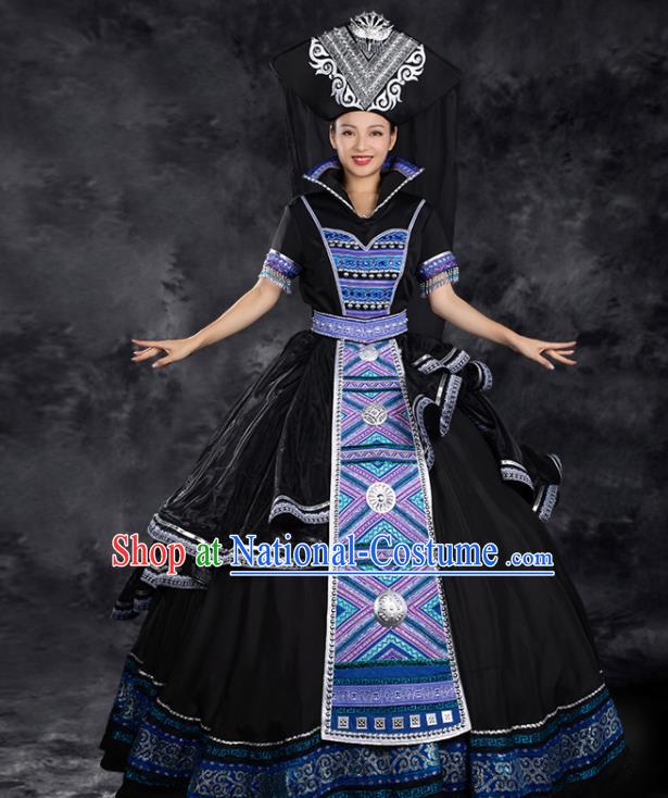 Chinese Traditional Zhuang Nationality Black Satin Dress Ethnic Folk Dance Stage Show Liu Sanjie Costume for Women