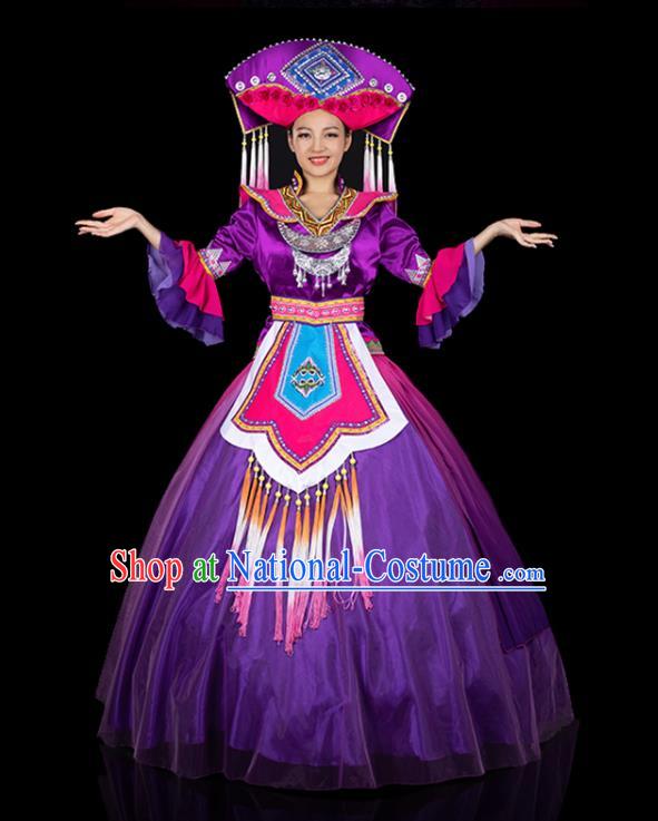 Chinese Traditional Zhuang Nationality Deep Purple Dress Ethnic Folk Dance Stage Show Liu Sanjie Costume for Women