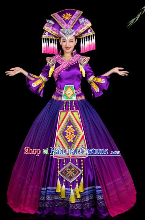 Chinese Traditional Zhuang Nationality Purple Dress Ethnic Folk Dance Stage Show Liu Sanjie Costume for Women