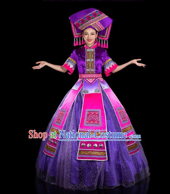 Chinese Traditional Zhuang Nationality Big Swing Purple Dress Ethnic Folk Dance Stage Show Liu Sanjie Costume for Women