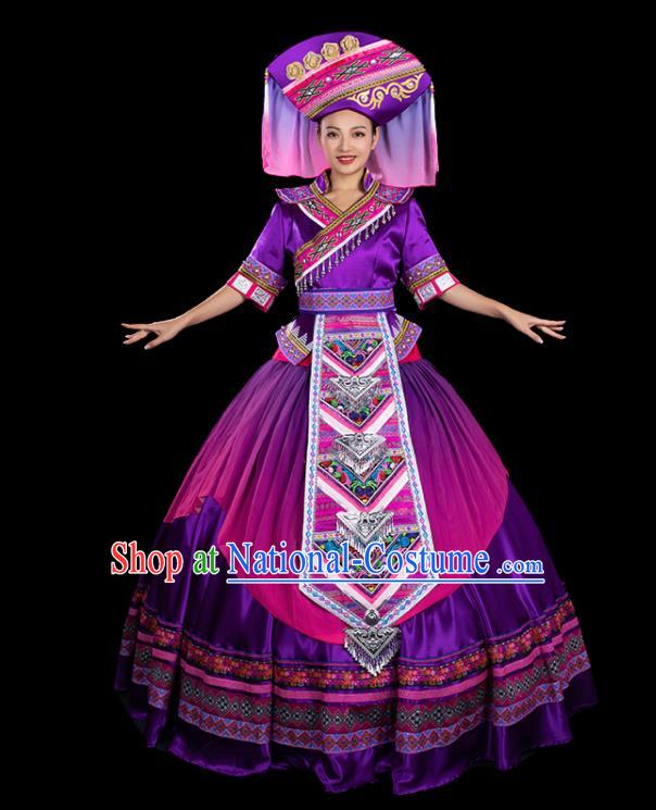 Chinese Traditional Zhuang Nationality Purple Bubble Dress Ethnic Folk Dance Stage Show Liu Sanjie Costume for Women